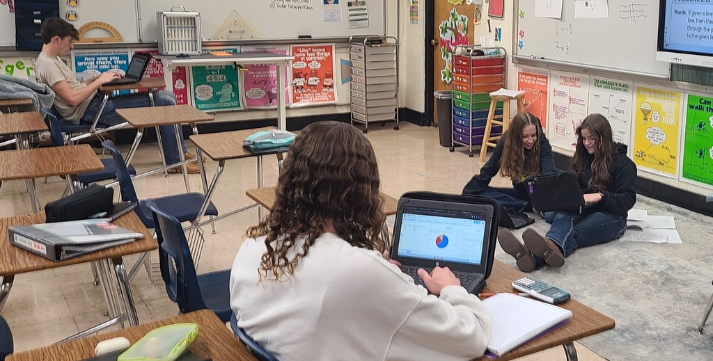 Students are sitting at desks and on the floor. They are evaluating data.