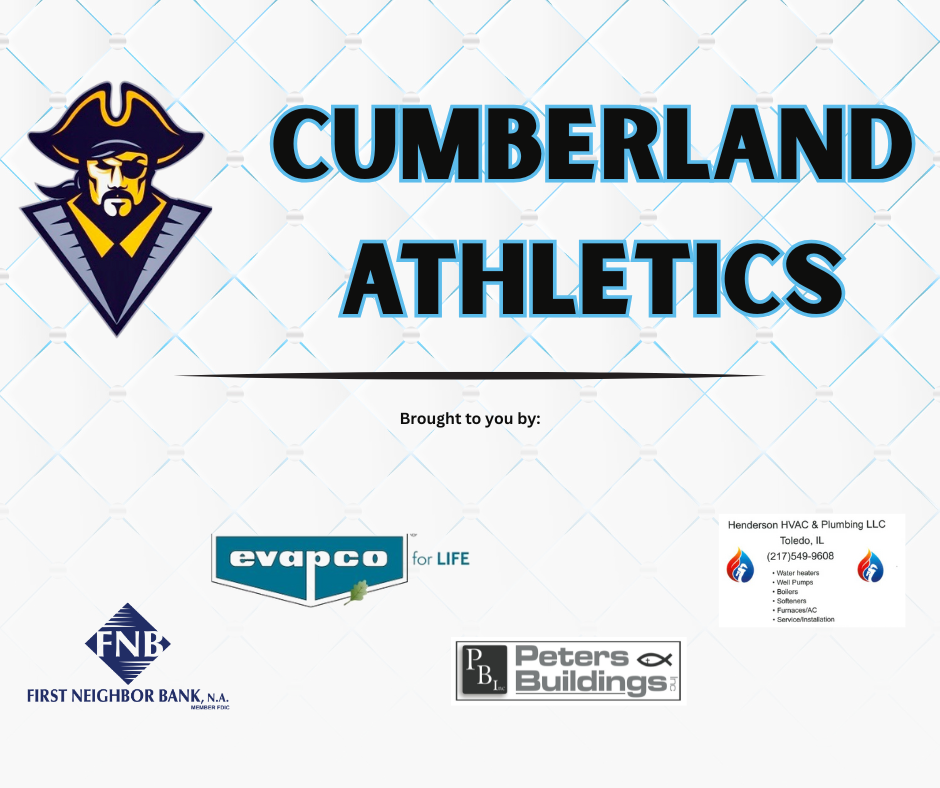 The image has the pirate logo and says Cumberland Athletics Brought to you by: Evapco, Huddleston HVAC and Plumbing, First National Bank, and Peters Buildings.