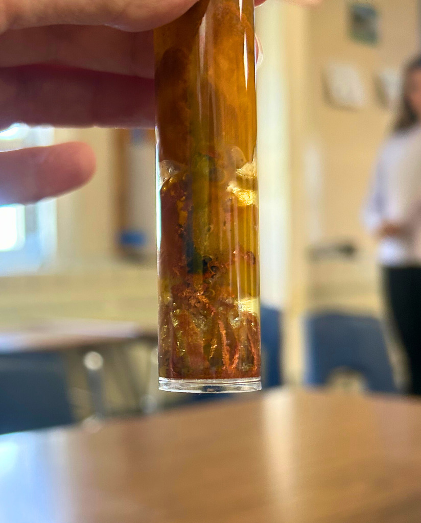 Shown is a test tube. The contents are brown in color. There are crystals growing. 