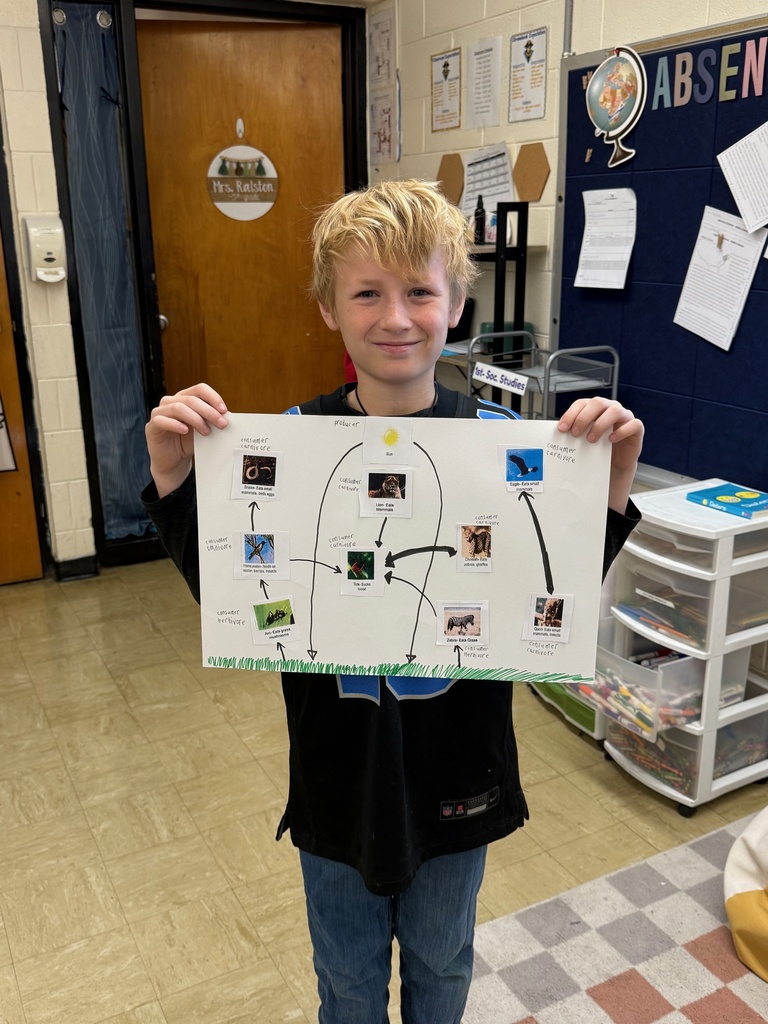 The student is holding up a finished food web.