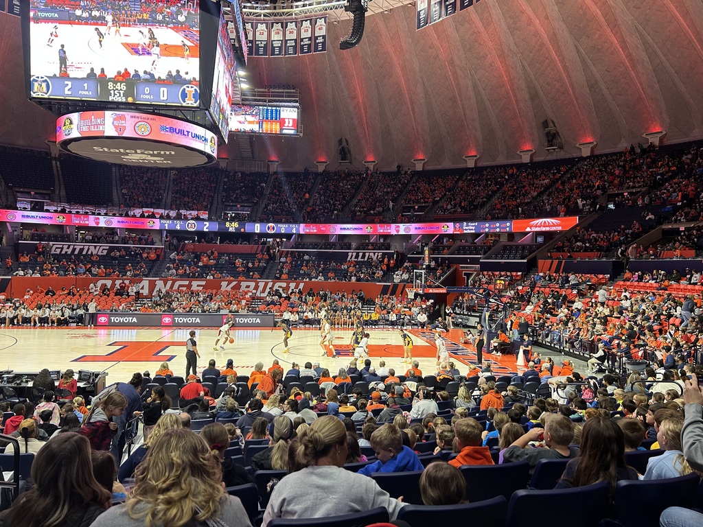 The image is of the court. The students are facing away from the camera. 