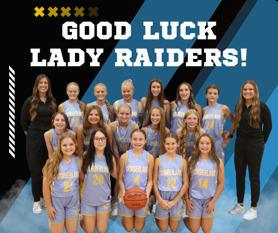 The image is blue and black. It says Good luck Lady Raiders. It has a team picture.