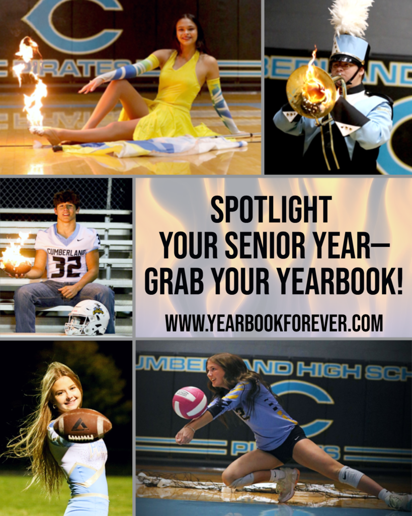 Spotlight your senior year - Grab your yearbook! www.yearbookforever.com. The image shows senior athletes dressed for their sport. 