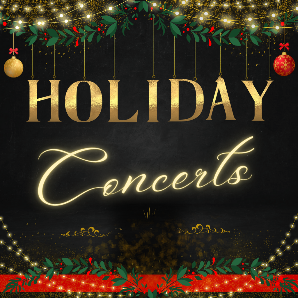A festive graphic with gold lettering that reads “Holiday Concerts” against a dark background, decorated with hanging ornaments, twinkling string lights, and green holly with red berries along the top and bottom edges.