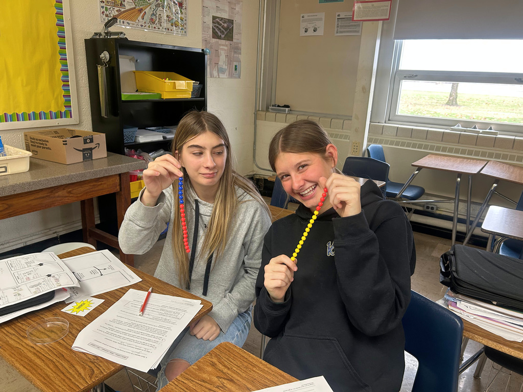 Students are sitting in their desks. They are holding up thier beads.