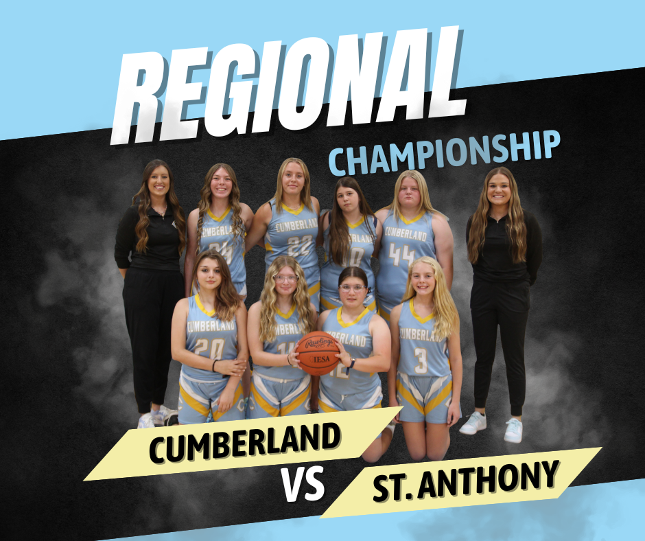 The image has a black and blue background. It shows the team and says Cumberland vs. St. Anthony.