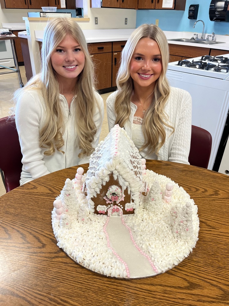 Two studetns are sitting with their completed gingerbread house. It is snow coverd with pink accents.
