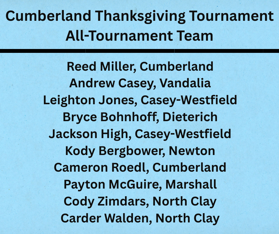 The list shows the names of the All-Tournament Team for the Cumberland Thanksgiving Tournament.
