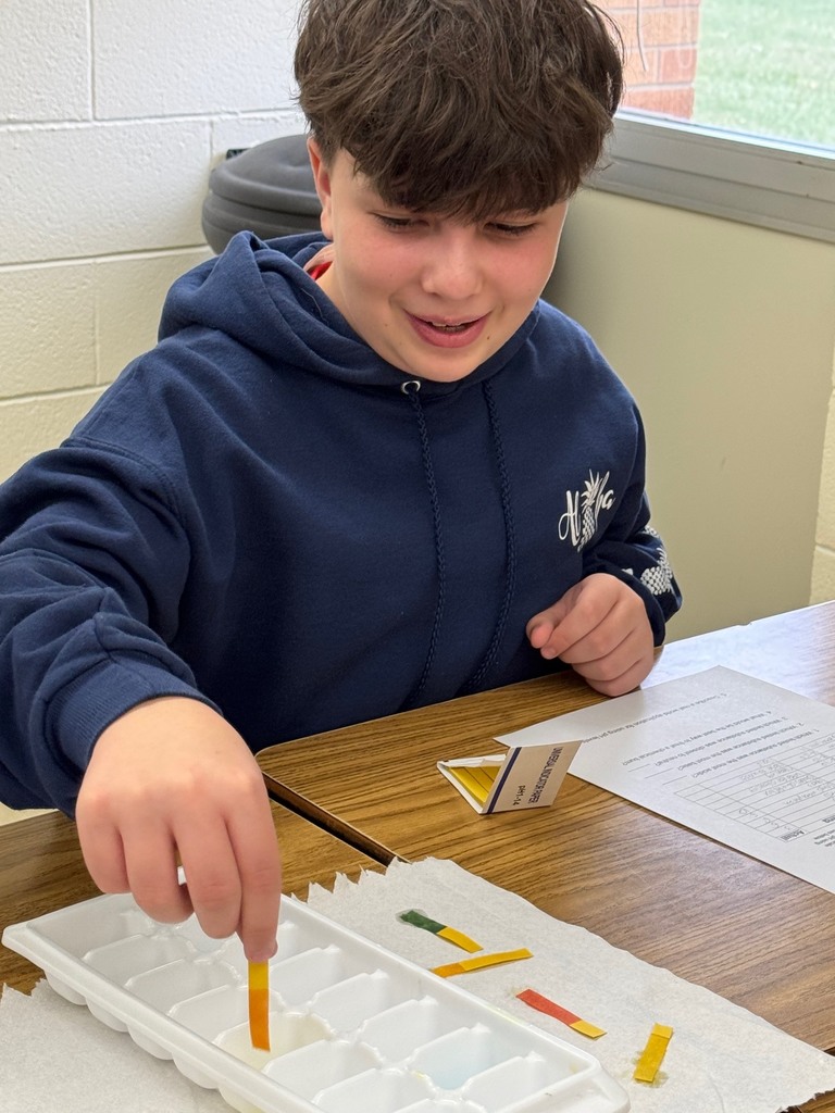 A student is dipping a pH strip in to a liquid and checking its color. 