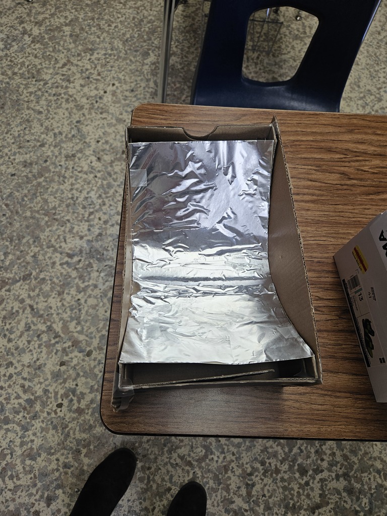 This is an example of the parabolic oven's inside. The tinfoil is curved like a parabola.