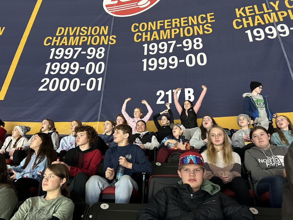 Students are watching the game. Some in the back are standing and cheering. 