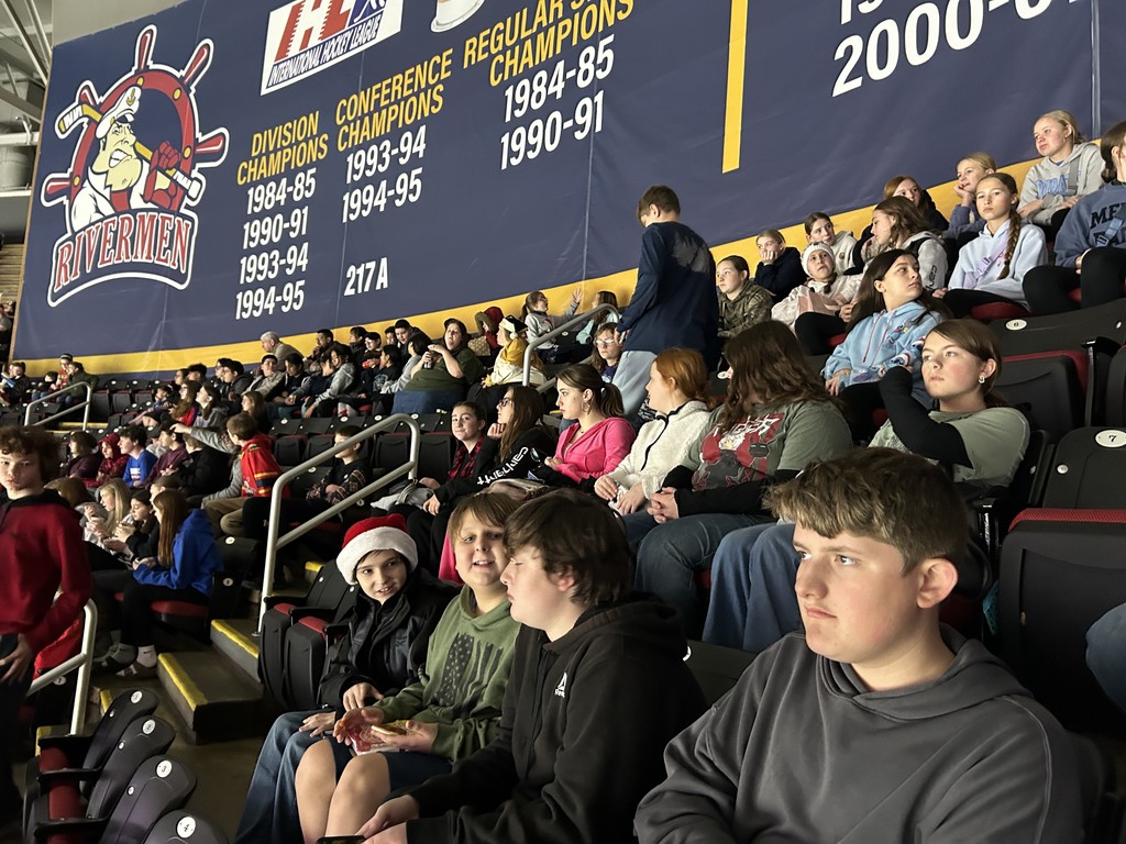 Students are sitting in the stands watching the hockey game. 