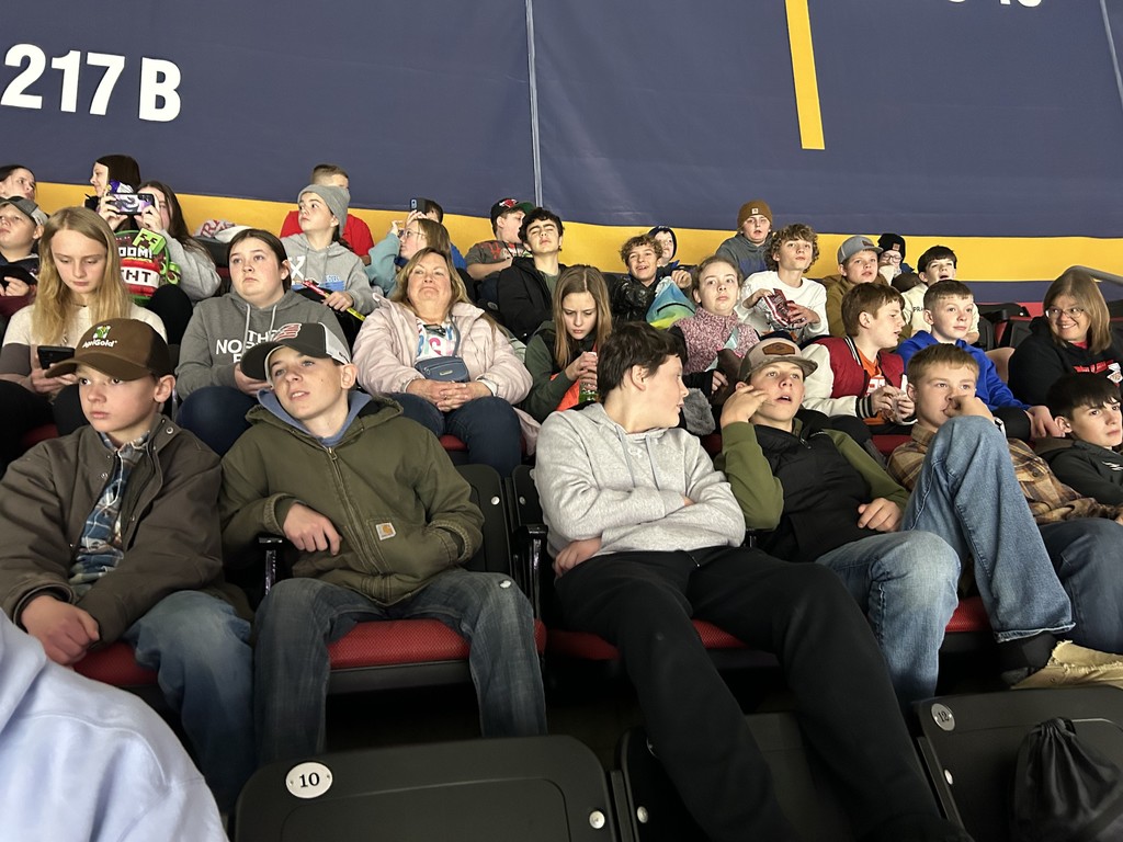 Students are sitting in the stands watching the hockey game. 