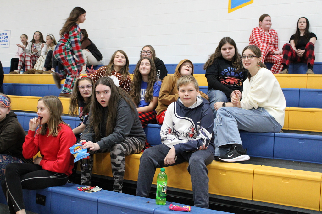 Students are sitting in the bleachers watching the game. 