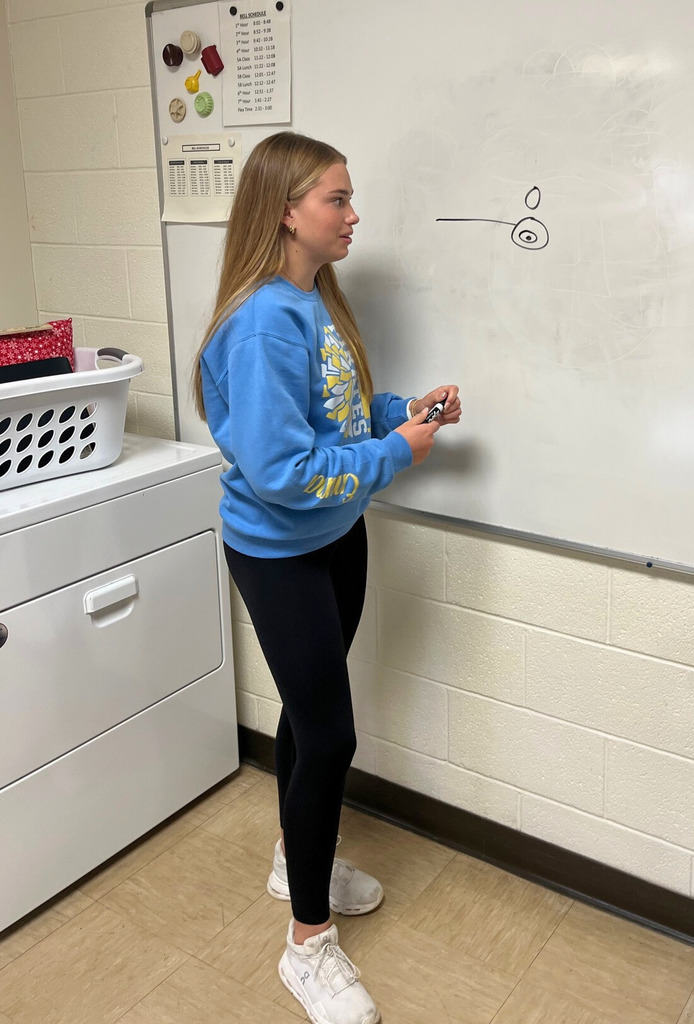 A student is standing at the white board. The student is drawing an object on the board. 