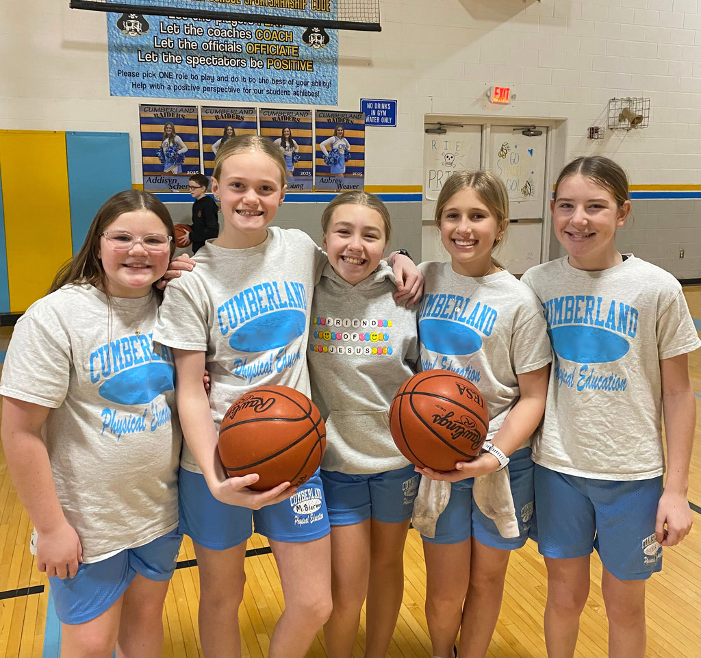 Five girls are standing side by side. Two of them are holding a basketball.