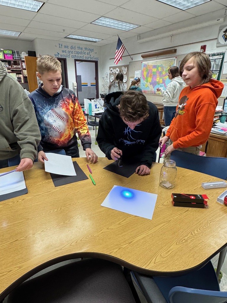 Students are holding a flashlight over a pen to create a shadow on white paper. 