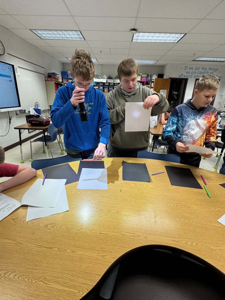 Students are holding a flashlight over a pen to create a shadow on white paper. 