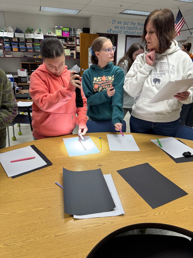 Students are holding a flashlight over a pen to create a shadow on white paper. 