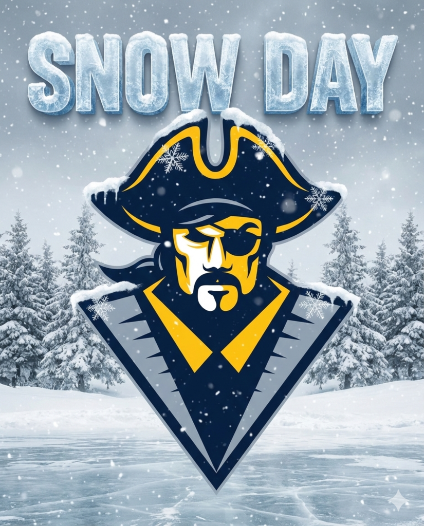 The image is of the pirate logo with snow on its hat and shoulders. It says snow day. 