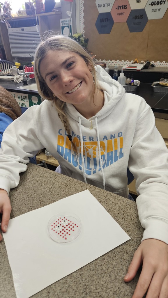 A student is sitting with ther pipette art, a PacMan ghost. 