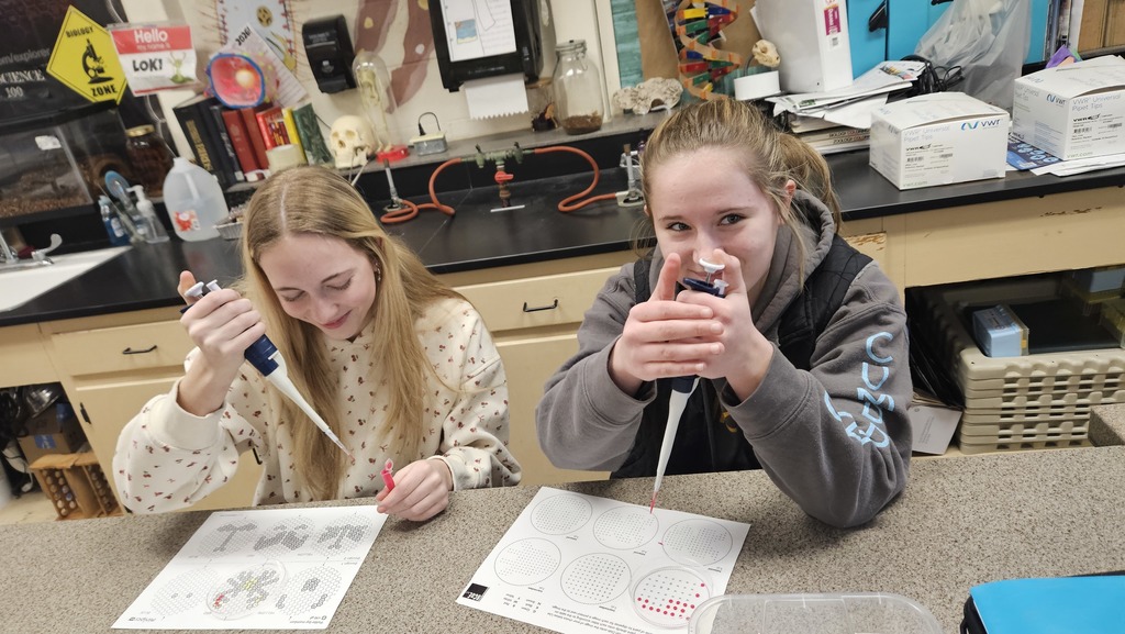 Two students are holding pipettes and they are creating drops to form their art. 