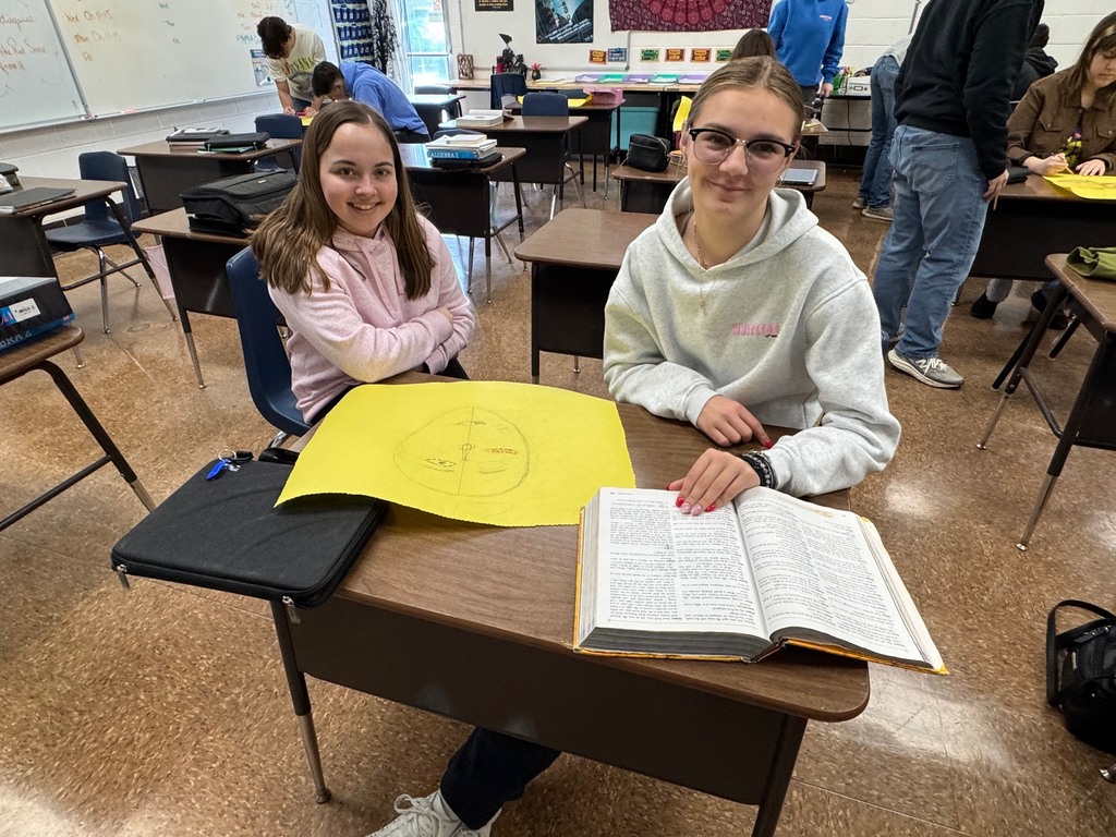 Students, working in groups are drawing one of the characters. The students are adding elements to the face. One side is what they show the world. The other side is what they hide. 