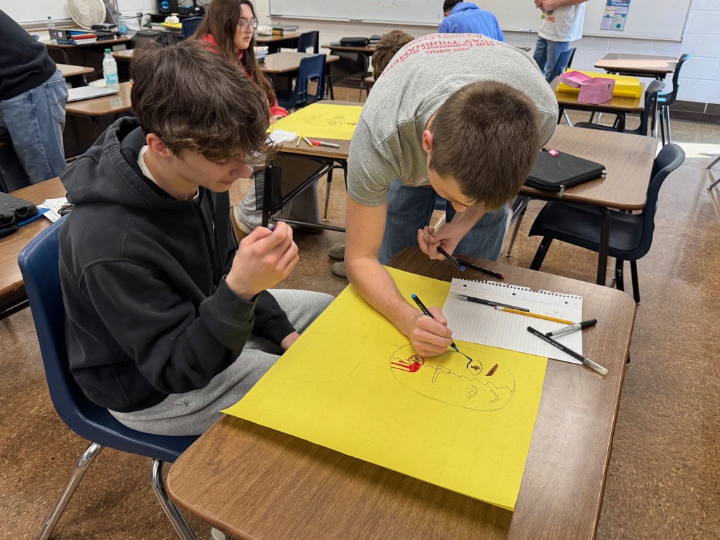 Students, working in groups are drawing one of the characters. The students are adding elements to the face. One side is what they show the world. The other side is what they hide. 