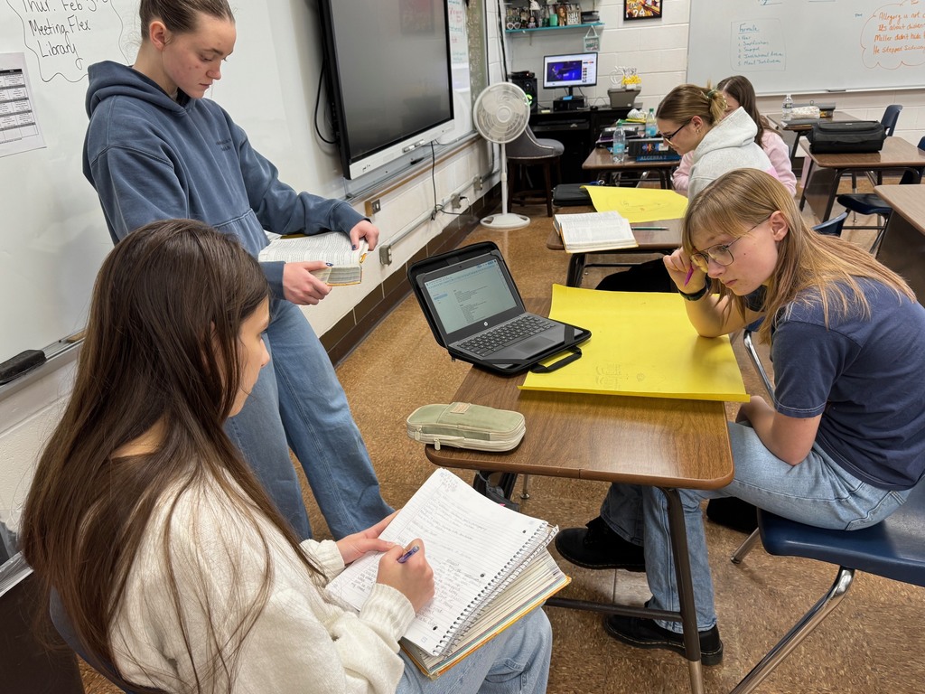 Students, working in groups are drawing one of the characters. The students are adding elements to the face. One side is what they show the world. The other side is what they hide. 