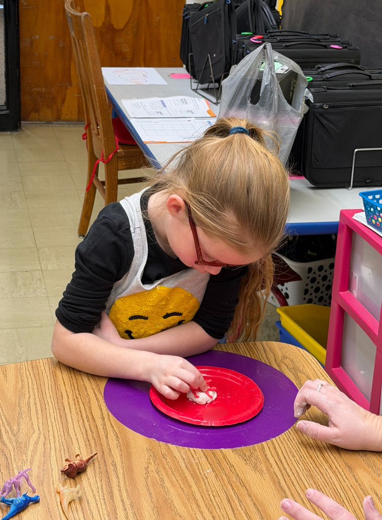 A student is pressing a toy dinosaur in to salt dough to create a fossil. 