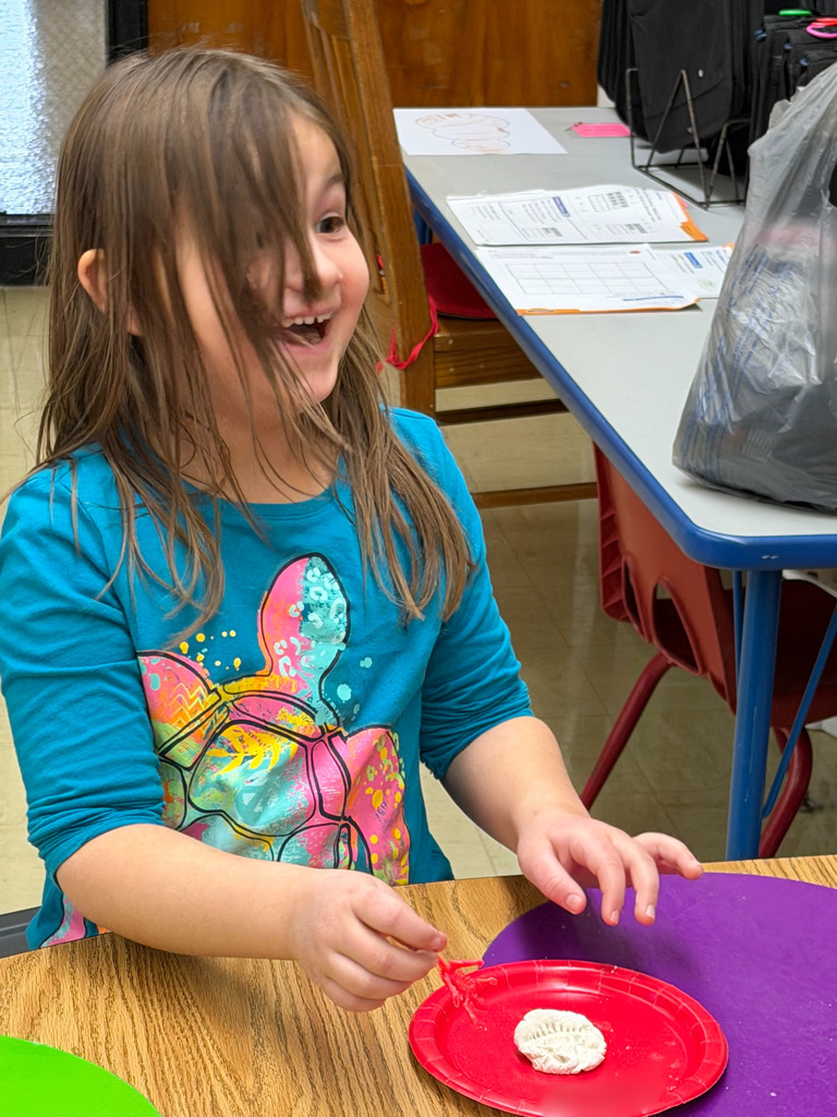 A student is pressing a toy dinosaur in to salt dough to create a fossil. 