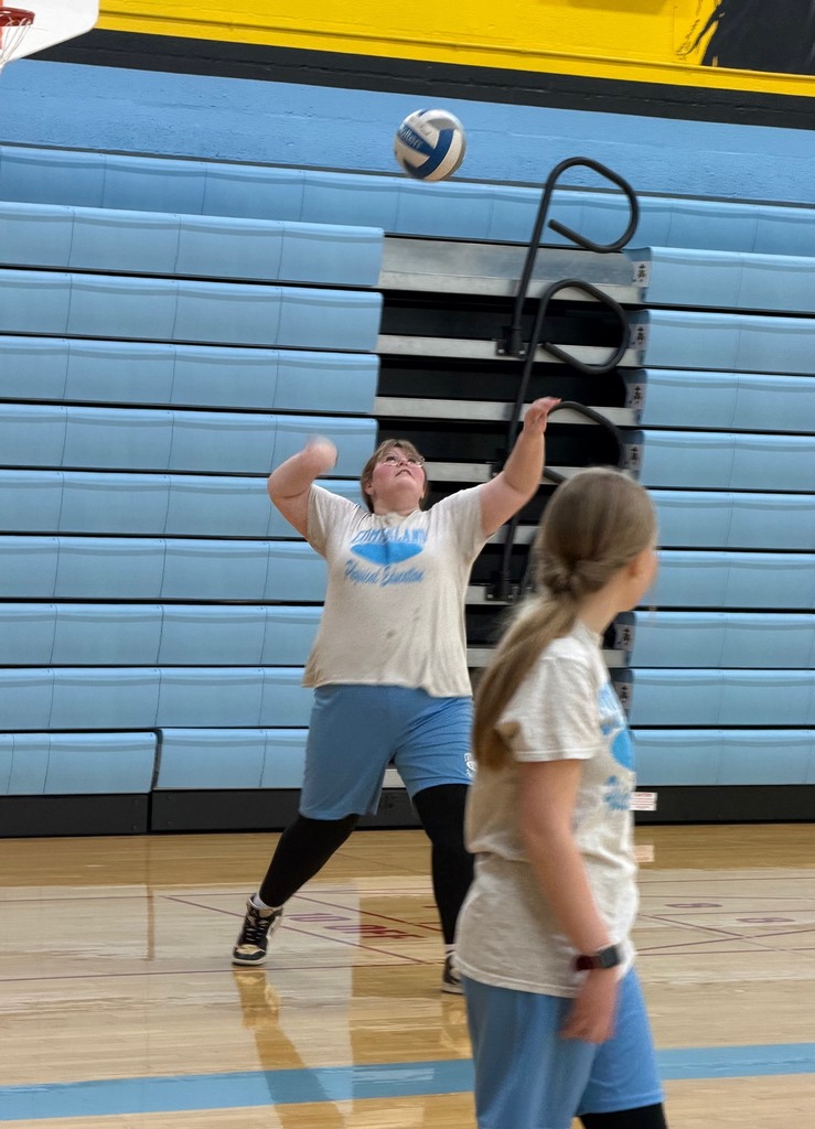 A student is overhand serving the volleyball over the net to the other team. 