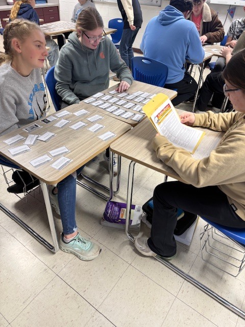 A group of three students are sitting with their desks facing each other. They have a document and a set  of cards on the desks. They are sorting the cards. 