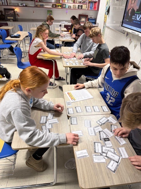 A group of  four students are sitting with their desks facing each other. They have a document and a set  of cards on the desks. They are sorting the cards. 