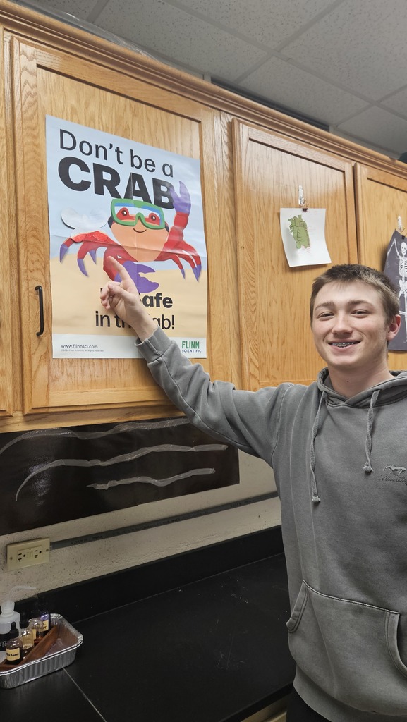 A student is pointing to the student's hidden butterfly. It is blue, brown, and red blending in to a poster.