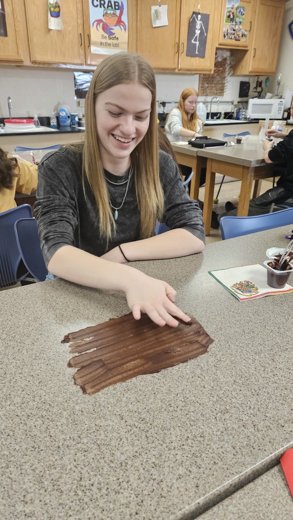 A student is smearing chocolate pudding to prepare for the experiment. 