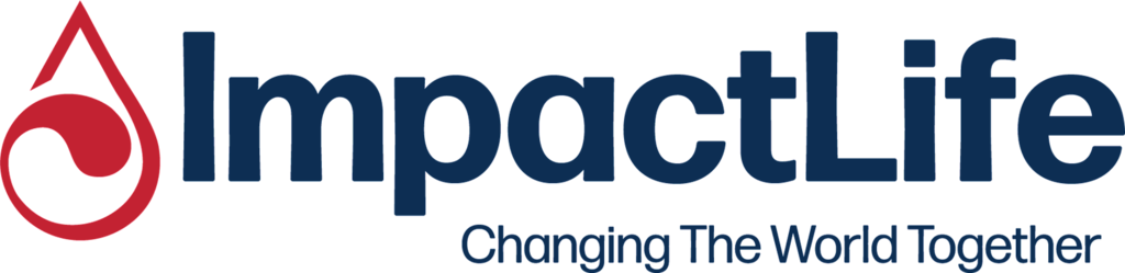 This is the logo of ImpactLife. It is a decrative blood drop with the company name and the tagline, Changing the World Together.