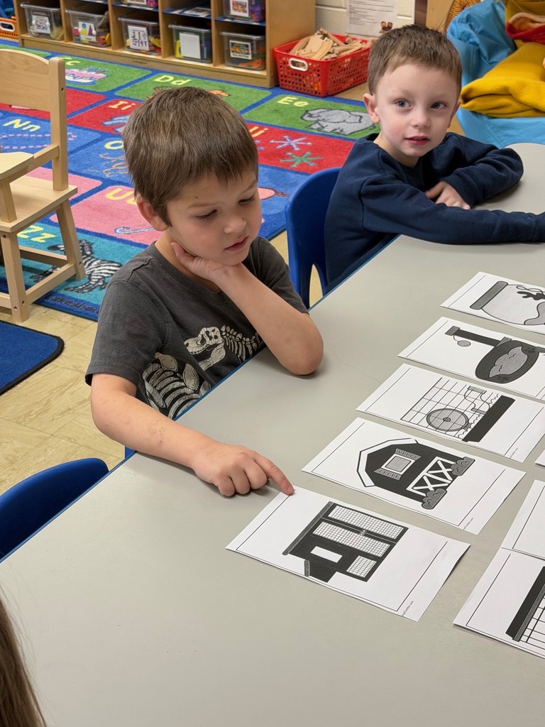 Two students are sitting at the table and they are matching pet home cards to pet pictures. 