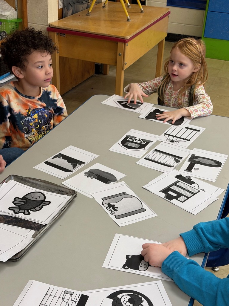 Two students are sitting at the table and they are matching pet home cards to pet pictures. 