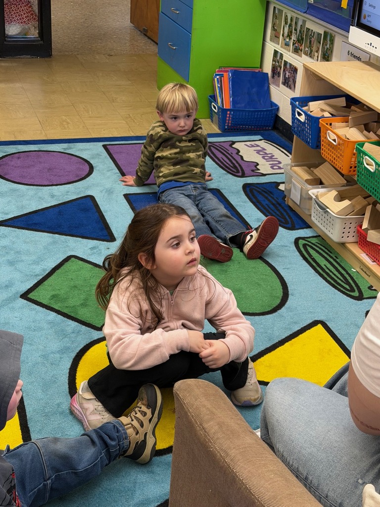 Two students are sitting on a shape on the carpet. The students are listening to their teacher read a story about getting a pet. 