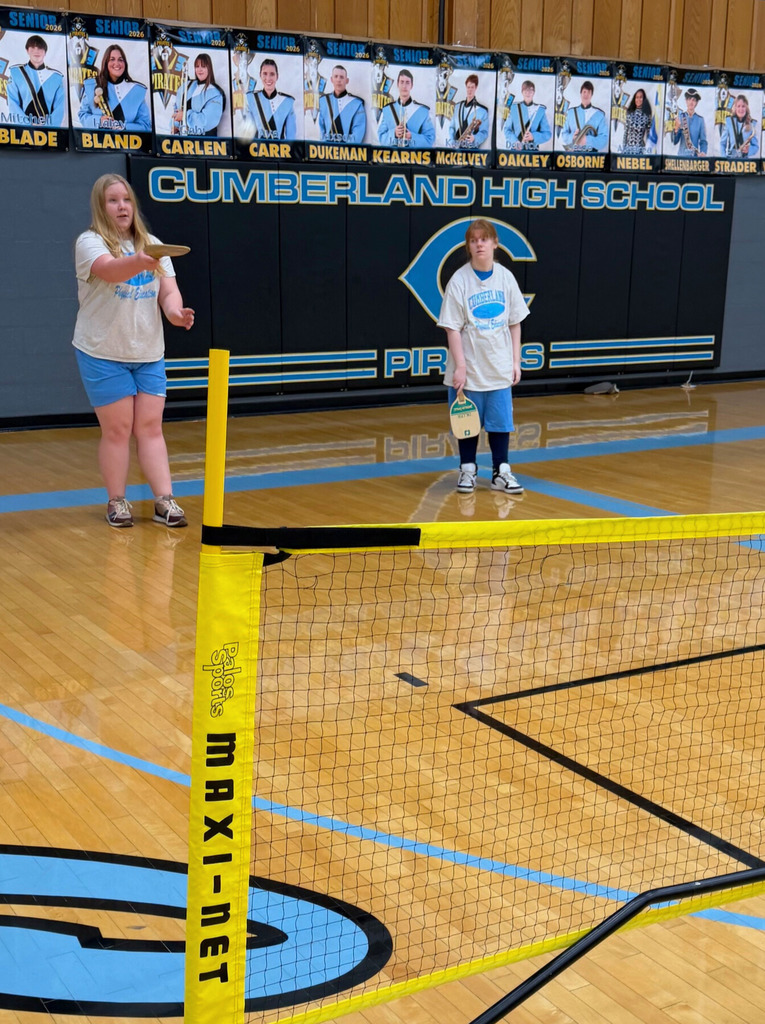 Two students are standing behind the net. One student is underhand hitting the ball back over the net. 