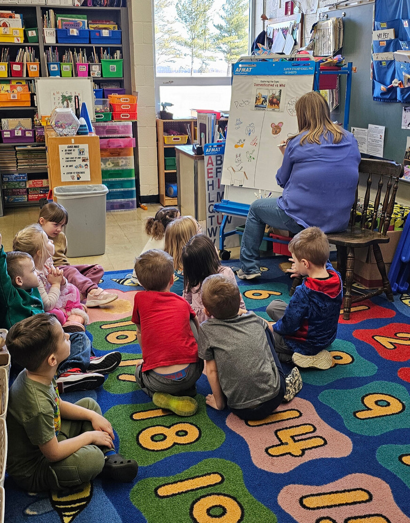 The class is sitting on the carpet and watching the teacher. The teacher is drawing animals on the paper on the easel.