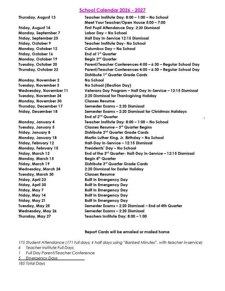 A one-page document outlining the 2026-2027 school year schedule. The year begins with a Teacher Institute Day on August 13 and the first student attendance day on August 14 with a 2:20 PM dismissal. Key milestones include:  Quarter Start Dates: 1st Quarter (Aug 14), 2nd Quarter (Oct 19), 3rd Quarter (Jan 5), and 4th Quarter (Mar 15).  Major Holidays (No School): Labor Day (Sept 7), Columbus Day (Oct 12), Election Day (Nov 3), MLK Day (Jan 18), and Presidents' Day (Feb 15).  Extended Breaks: Thanksgiving (Nov 25–29), Christmas (Dec 19–Jan 4), and Easter (Mar 24–29).  Conferences & Exams: Parent/Teacher conferences are held the evenings of October 20 and 22. Semester exams are scheduled for December 17–18 and May 25–26, all featuring 2:20 PM dismissals.  Emergency Days: Five "Built In" emergency days are scheduled for Fridays between April 23 and May 21.  The calendar concludes with a final Teacher Institute Day on May 27. The document summarizes the year as having 175 student attendance days, 4 teacher institute days, 1 parent/teacher conference day, and 5 emergency days for a total of 185 days.