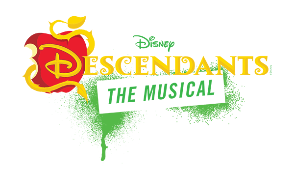 Logo for "Disney Descendants: The Musical." On the left is a bitten red apple entwined with a golden, thorny vine that forms a stylized letter "D." To the right, the word "DESCENDANTS" is written in large yellow block letters, with the Disney logo sitting small above it. Below this, the words "THE MUSICAL" appear in green slanted text inside a white rectangular box, which is overlaid on a vibrant green spray-paint splatter effect.
