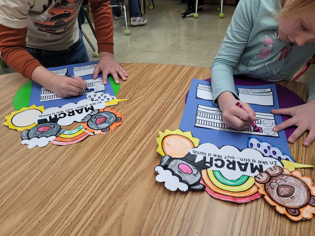 Two students are coloring their March in like a lion out like a lamb poster. 