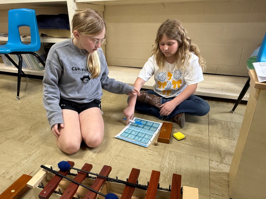 Two students are sitting on the ground and playing an instrument. 