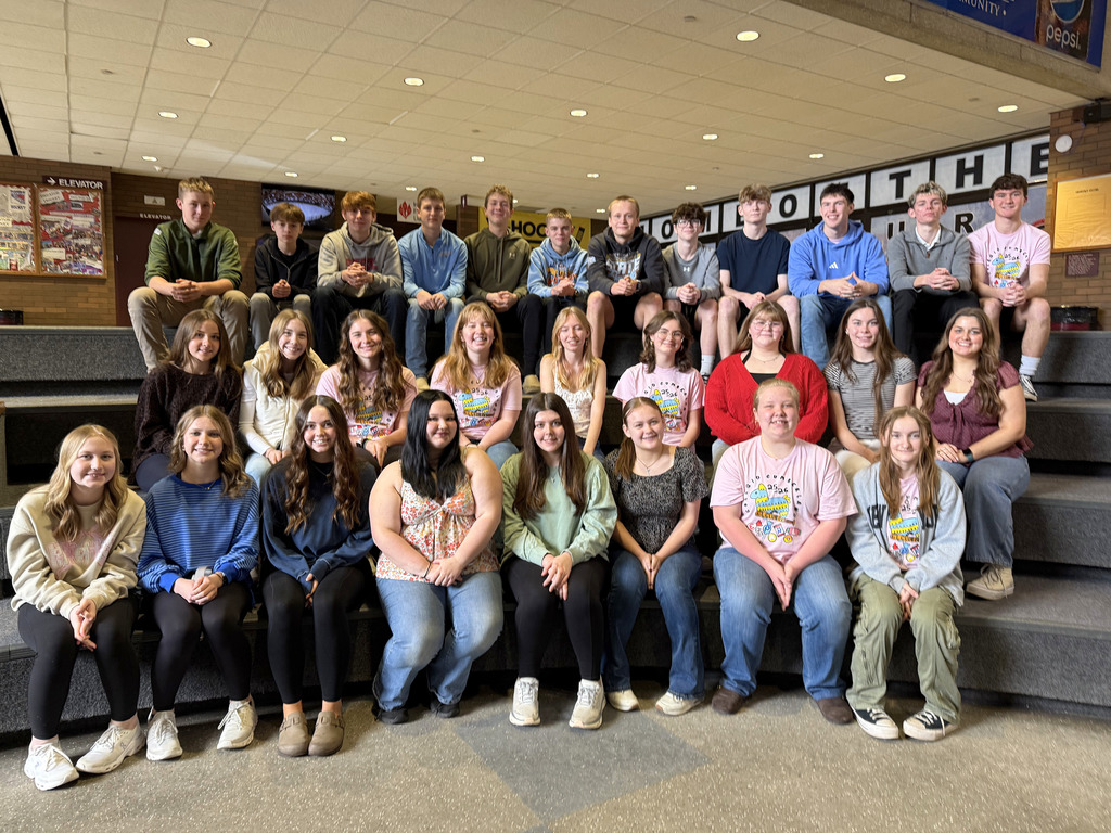 The group of 29 is sitting on one of three steps posing for the camera. 