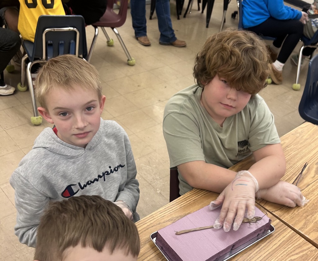 Two students are sitting with their worm they are dissecting. The worm is pinned down. 