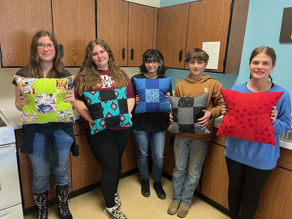 Five students are holding the pillow they made.