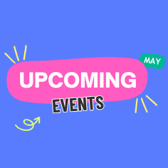 A blue background with a message in a pink bubble that says Upcoming events